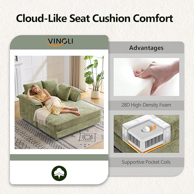 VINGLI Modern Floating Chaise Lounge Chair with Acrylic Legs, Upholstered Cushion Deep Seat Lounge Sofa with Iron-Wood KD Frame, Pillow Armrest, Accent Chair for Living Room, Play Room Apartment