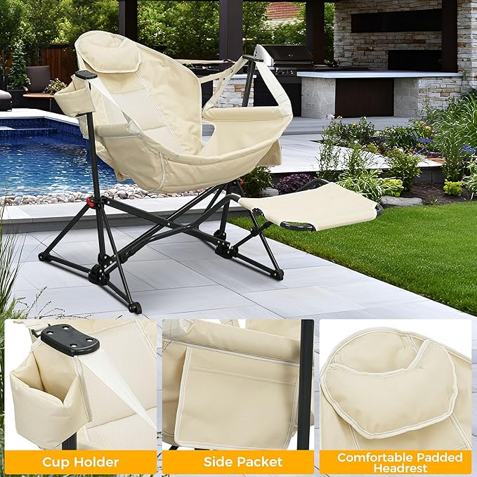 Ainfox Hammock Camping Chair with Footrest, Foldable Portable Rocking Chairs for Adults Outside Swinging Camp with Cup Holder Pillow for Outdoor Patio Poolside (Beige)