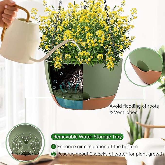 Hanging Planters for Indoor Plants, Set of 2 8/10 Inch Self-Watering Hanging Pots with Drainage Hole & Removable Water-Storage Tray II Screw-in Hooks