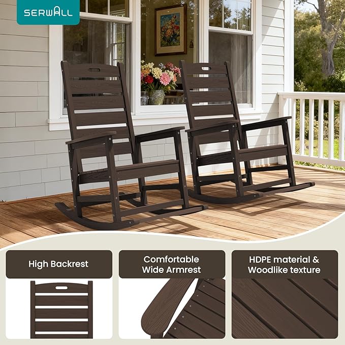 SERWALL Outdoor Rocking Chair Set of 4, Oversized HDPE Patio Rocking Chair with Footrest for Adults, All Weather Porch Rocker for Deck Patio Balcony, Coffee