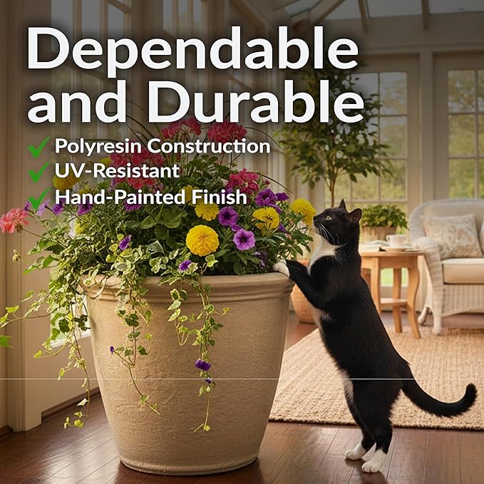 Sunnydaze 20-Inch Anjelica Large Plastic Pot for Plants - Outdoor Double-Walled Large Plastic Planter with Drillable Drainage Holes - Beige - 2pk