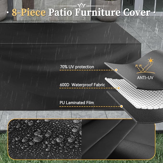 Aoxun 8 Piece Patio Furniture Set with 44'' Fire Pit Table Wicker Rattan Patio Conversation Set Outdoor Sectional Sofa Set with Coffee Table, Grey/Black (Waterproof Cover Included)