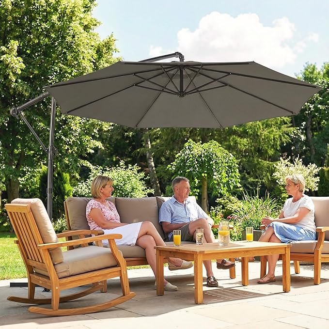 Outsunny 10 ft Offset Patio Umbrella with Cover, Round Hanging Cantilever Umbrella with 6-Position 360° Rotation, Crank Handle, Tilt, Cross Base, Heavy Duty Outdoor Umbrella for Garden
