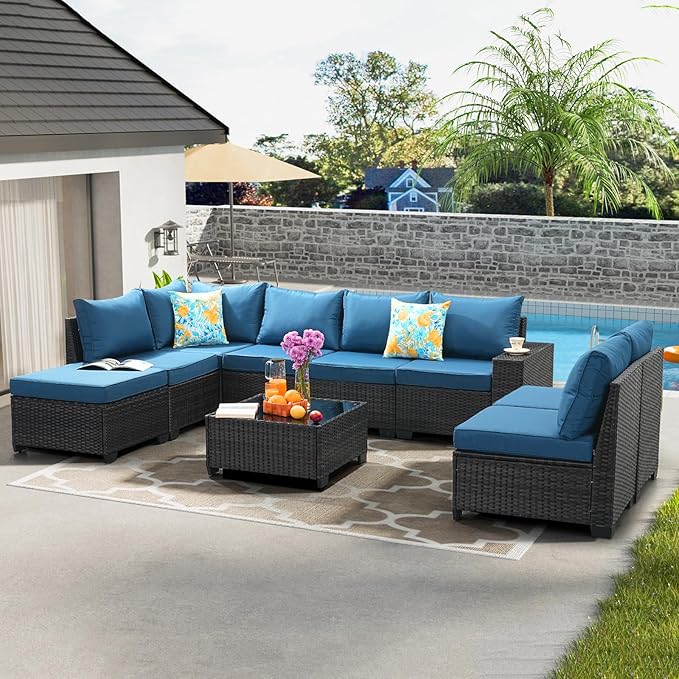 9 Pieces Patio Furniture Set All-Weather Outdoor Wicker Sectional Conversation Sofa Rattan Patio Seating Sofa with Cushion and Glass Table for Porch Poolside,Peacock Blue