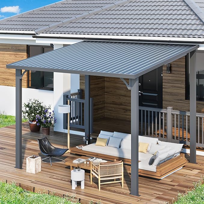 AECOJOY 10'x8' Pergola Hardtop Outdoor Gazebo for Patio, Small Heavy Duty Lean to Metal Pergolas and Gazebos Clearance, Wall-Mounted Grill Gazebo Galvanized Steel Patio Roof Awnings for Patio, Decks