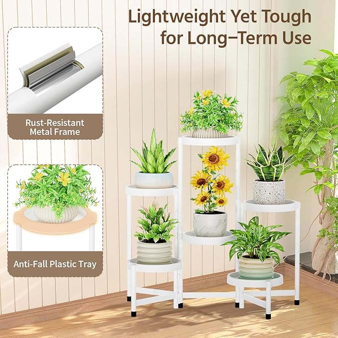 LASZOLA 6 Tiered Folding Plant Stand Indoor for Multiple Large Planter, Tall Heavy Duty Adjustable Rack with Rust Proof Plastic Shelving, Sturdy Vertical Tree Organizer for Narrow Inside Floor, White