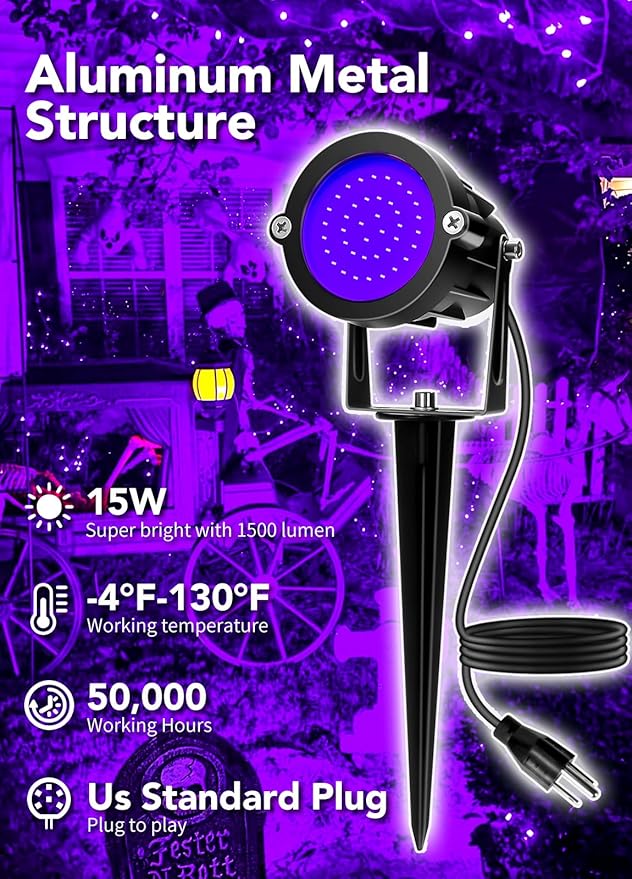 Elenora Halloween Spotlights Outdoor, 15W LED Black Light/Blacklight for Glow Party Body Paint Fluorescent Poster, 110V Plug-in Spot Light IP65 Waterproof Landscape Lighting for Yard Garden, 2 Pack