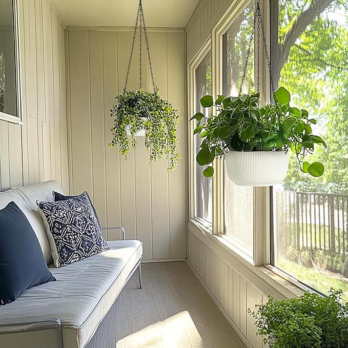T4U Hanging Planter Self Watering 8 Inch, 2 Pack White Indoor Hanging Plant pots, Hanging Flower Pot with Drainage Hole & Plug & Chain with 3 Hooks for Garden Home Decor