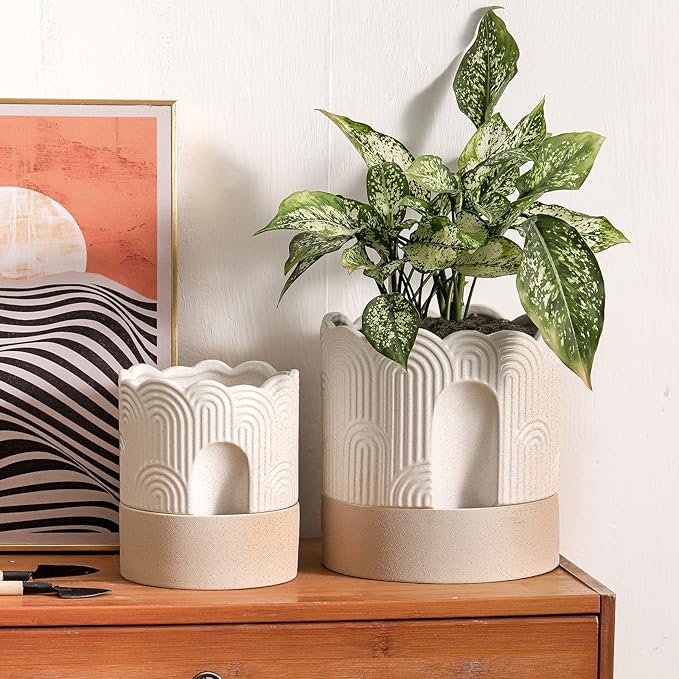 Nihow Self Watering Plant Pot for Indoor Plants : 6 Inch & 8 Inch Ceramic Planter with Drainage Hole & Water Storage - Relief Design Beige & Nature Flower Pot -Set of 2