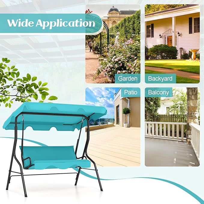 Tangkula 3 Person Porch Swing, Patio with Removable Cushion & Powder-Coated Steel Frame, Outdoor Swing with Canopy for Porch, Backyard, Garden, Balcony (Turquoise)