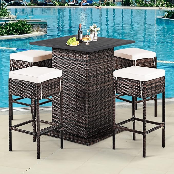 Tangkula 5 Piece Outdoor Rattan Bar Set, Patio Bar Furniture with 4 Cushions Stools and Smooth Top Table with Hidden Storage Shelf, Outdoor Conversation Set for Poolside, Backyard, Lawn