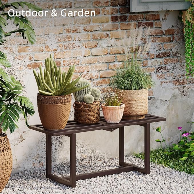 Modern Outdoor Plant Stand for Indoor Corner, Foldable Metal Plant Display Shelf for Multiple Pots,Mid Century Slatted Bench for Garden, Patio Load Bearing 330 lbs 26" L x 10.4" H x 8.6" W 2 Pack Coffee