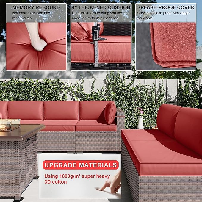 Kullavik 13 Pieces Outdoor Patio Furniture Set with 43" 55000BTU Gas Propane Fire Pit Table PE Wicker Rattan Sectional Sofa Patio Conversation Sets,Red