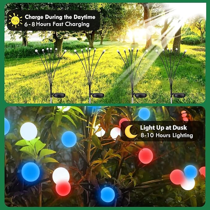 4th of July Decorations, 6 Pack Solar Firefly Lights Outdoor, 36 LED Waterproof Patriotic Decor Garden Lights with 2 Modes for Independence Day National Day Yard Path Decorations (Red White and Blue)