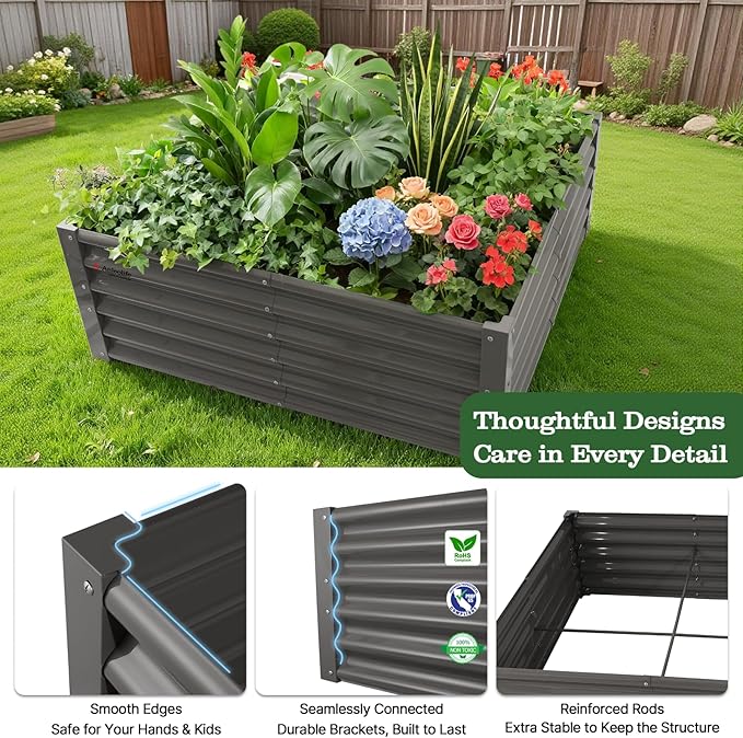 A ANLEOLIFE 4X4X1.5 ft Galvanized Raised Garden Beds Outdoor, Square Metal Planter Box for Planting Vegetables Flowers Herb, Anti-Rust & Easy-Setup, Quartz Grey
