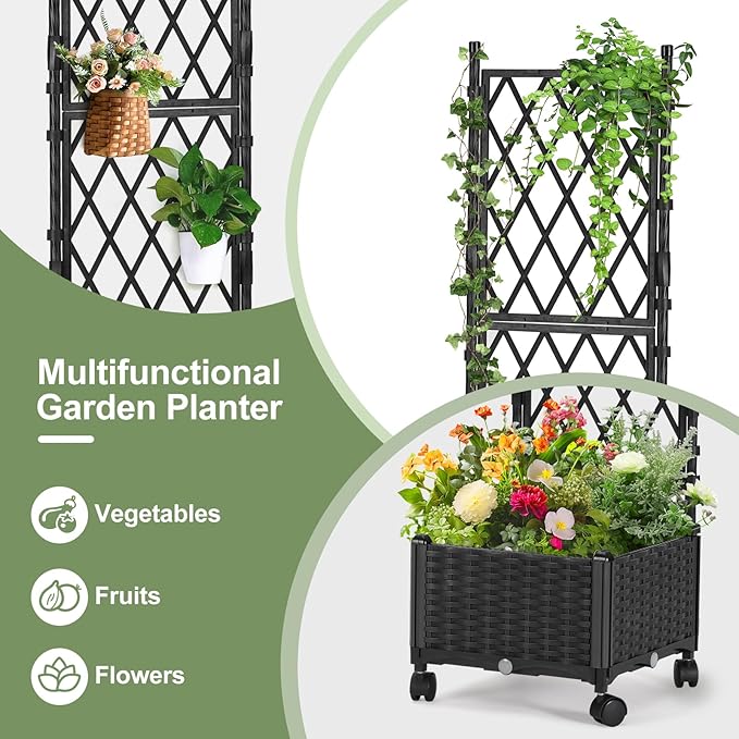 Planter Box with Trellis, 4ft Tall Self-Watering Plastic Raised Garden Beds and Lattice Trellis with Lockable Wheels & Drain Plug for Outdoor Patio Backyard Balcony, Black, 1 Pc