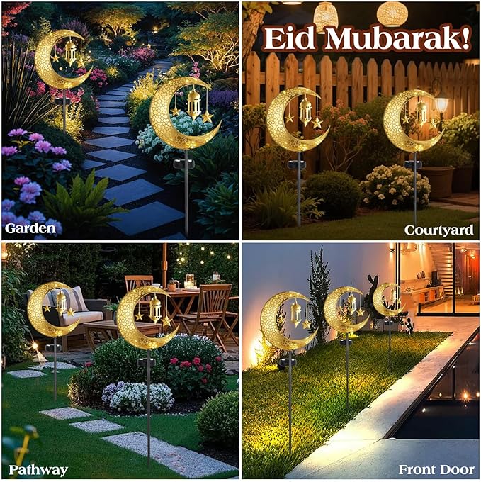Lewondr 2Pcs Ramadan Solar Lights, Ramadan Decorations Outdoor, Metal Yard Signs LED Eid Decorations Mubarak Star Moon Lantern, Waterproof Solar Garden Stakes Lights for Walkway Lawn Patio