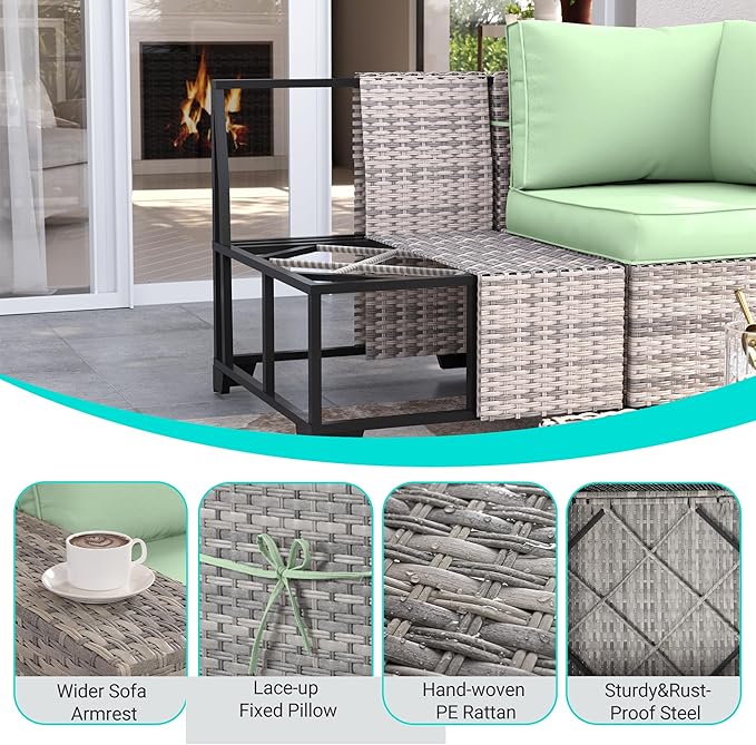 9-Piece Outdoor Patio Furniture Set with 55,000 BTU Fire Pit Table, PE Wicker Rattan Sectional Sofa Patio Conversation Set with Ottomans & Coffee Table, Light Green