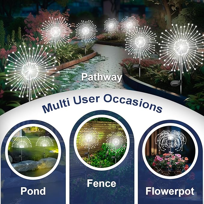 Solar Garden Lights Outdoor, 6 Pack 120 LED Twinkling Firework Lights Decorative with 2 Modes, Outdoor Waterproof Solar Starburst Light for Outside Yard Pathway Garden Decor, White