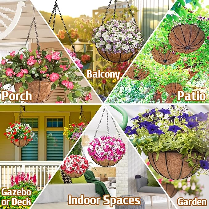 ZeeDix 12 Inch Hanging Baskets for Plants Outdoor - 3 Pack Hanging Planters with Coconut Liners, Metal Round Hanging Planter for Flowers Vegetables