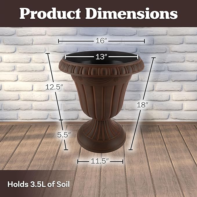Outdoor Planter 2-Pack - 16x18-Inch Urn Planters - Plastic Plant Pots for Indoor, Outdoor, or Front Porch Decor - Flower Pots by Pure Garden (Brown)