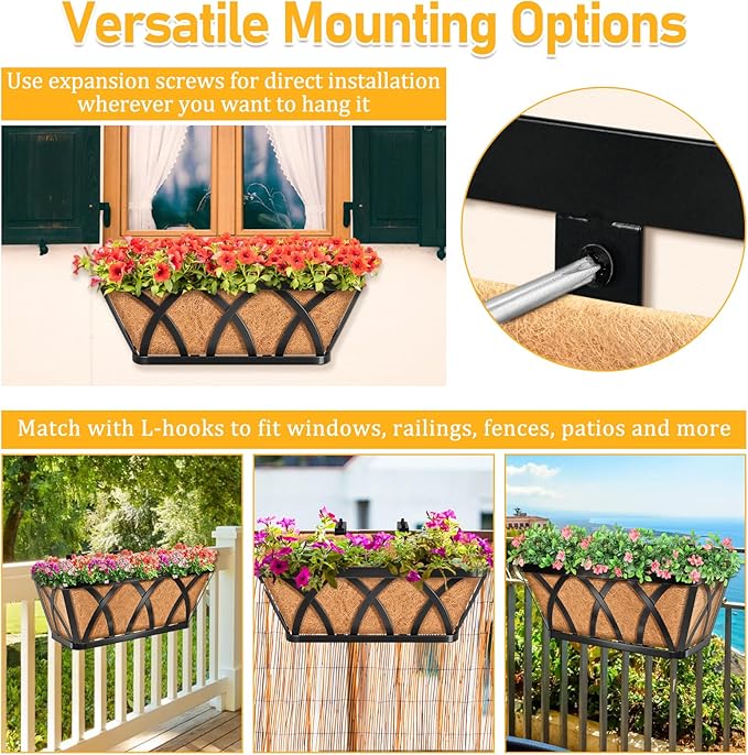 Riare 4 Pack 16 Inch Metal Railing Planter Window Box with Coco Liner- Adjustable Window Flower Boxes for Railings, Hanging Rail Planters for Deck, Balcony, Porch, Fence, Indoor Outdoor Plants