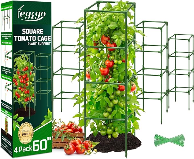 Legigo 4 Pack Square Tomato Cages for Garden- Up to 60 Inch Tomato Plant Support Stakes Cage, Heavy Duty Steel Tomato Trellis Garden Stakes for Raised Garden Bed Climbing Vegetables Cucumbers Flowers