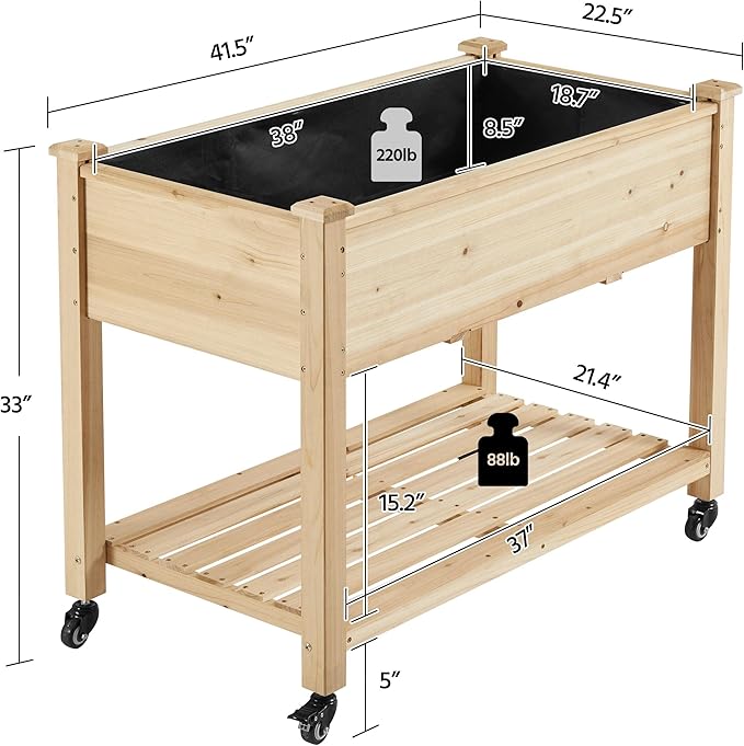 Yaheetech 42x23x33in Wooden Raised Garden Bed with Wheels Horticulture Flower Planter Boxes Elevated Vegetables Growing Bed for Grow Herbs and Vegetables, 2 PCS