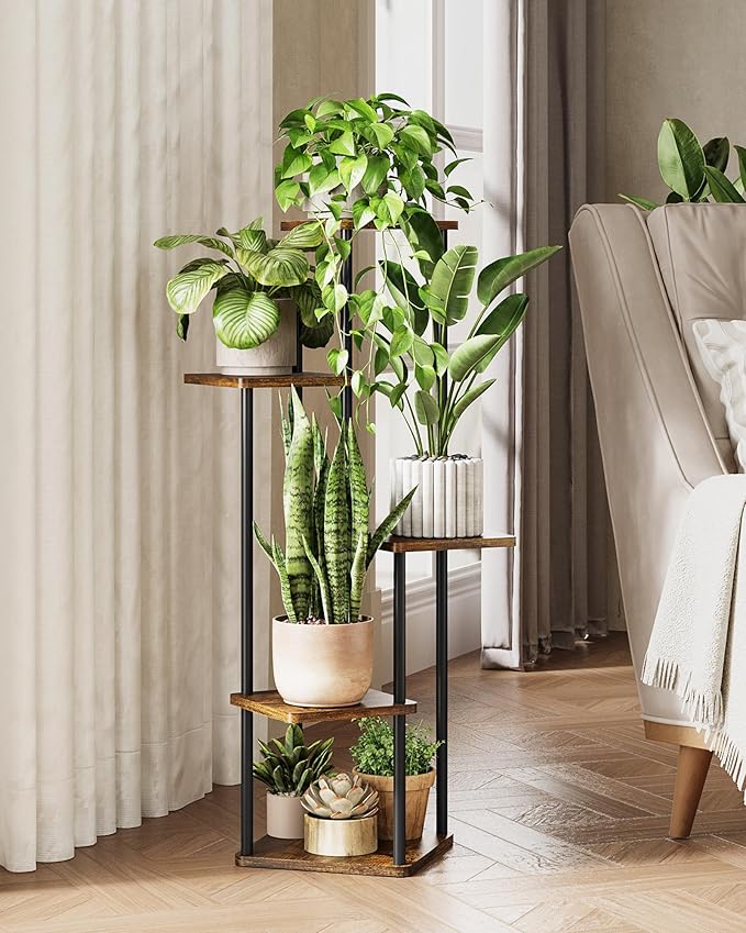 Tall Plant Stand Indoor 5 Tiered Plant Shelf for Multiple Plants Coner Shelf Stand Wood Plant Stand Metal Shelving for Living Room Bedroom Balcony Patio Brown Oak