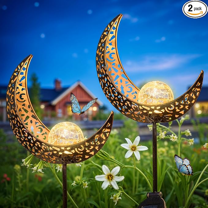 2Pack Moon Garden Gifts Solar Lights Outdoor Stakes Waterproof, Gifts for Mom, Crackle Glass Backyard Decor Balcony Lawn Ornaments, for Women Men Grandma (Bronze)