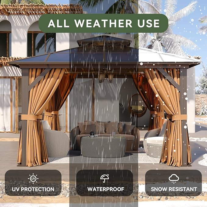 Aoxun 12'x12' Hardtop Gazebo, Aluminum Frame Permanent Pavilion with Curtains and Netting, Outdoor Polycarbonate Double Roof Canopy, Designed for Garden, Lawns, Patio, Brown