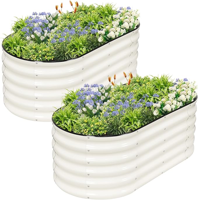 Galvanized Raised Garden Bed Outdoor- 2 Pcs Raised Beds for Gardening| Metal Planter Box, Steel Raised Garden Bed Kit with Gloves for Vegetables, Flower, Herbs (4x2x1.4FT, White)