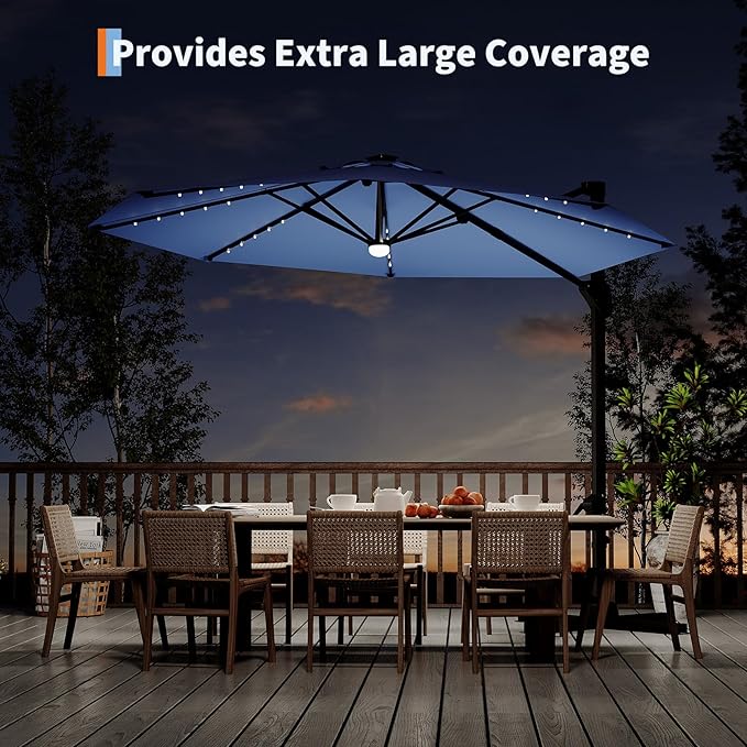Garvee 10 ft Cantilever Patio Umbrella with Solar Lights, 360° Rotation Offset Umbrella, Easy Crank & Tilt Adjustment, UV Protection for Backyard, Poolside, Deck -Navy Blue