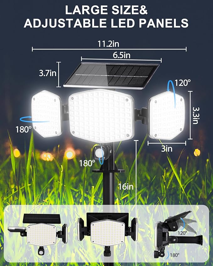 Solar Motion Sensor Outdoor Lights with Stakes, In-Ground or Wall Mount, 270° Wide Angle Illumination, 208 LED Solar Powered Security Flood Lights, IP65 Waterproof, 2 Pack