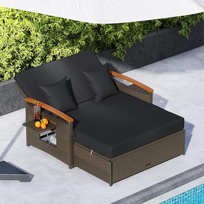 Tangkula Patio Rattan Daybed with 4-Level Adjustable Backrest, Outdoor Wicker Loveseat with Acacia Wood Armrest, Storage Ottoman & Folding Tray, Double Sunbed for Balcony, Backyard & Poolside (Black)