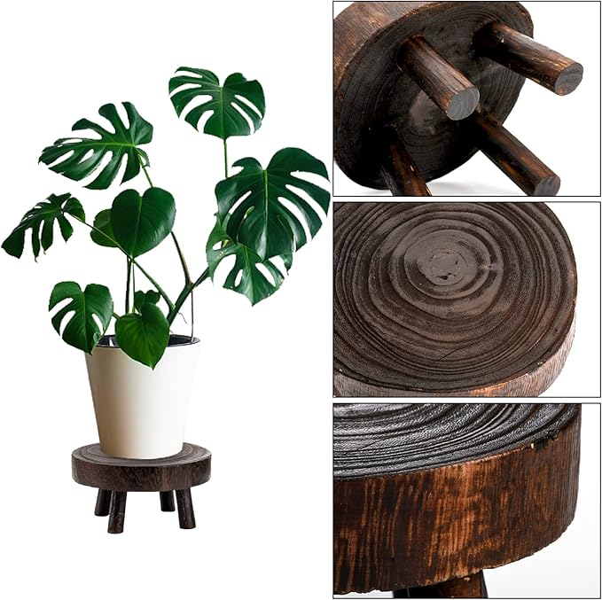 TOPZEA Set of 2 Mini Wooden Stool Display Stand, Wood Riser for Bonsai, Flower Pot, Small Potted Plant Stands Round Rustic Planter Stools Pedestal Risers for Garden, Patio, Home
