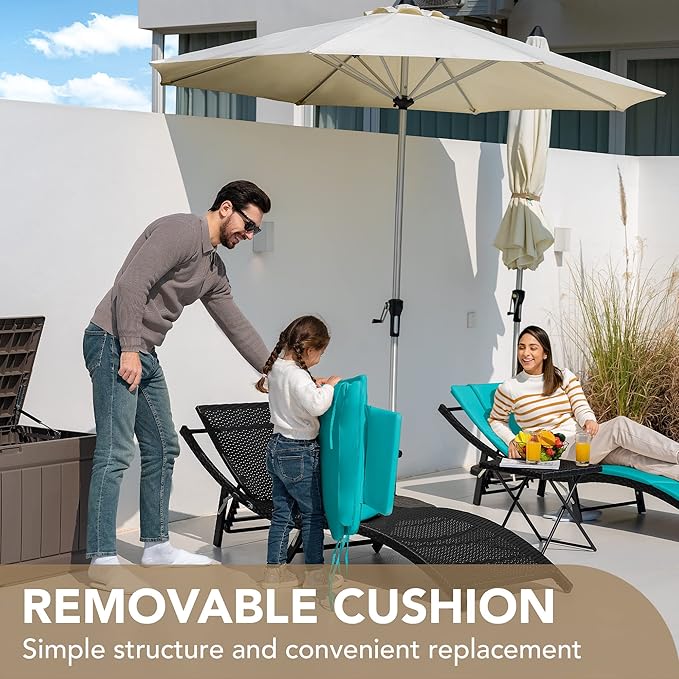 Devoko Patio Chaise Lounge Sets Outdoor Rattan Adjustable Back 3 Pieces Cushioned Patio Folding Chaise Lounge with Folding Table (Blue)