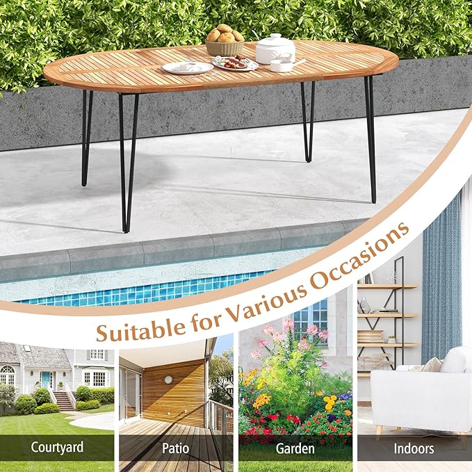 Tangkula 79" Large Patio Dining Table for 6, Acacia Wood 6-Person Dining Table with 2.5" Umbrella Hole & Metal Legs & Adjustable Foot Pads, Oval Outside Table for Garden, Poolside & Backyard