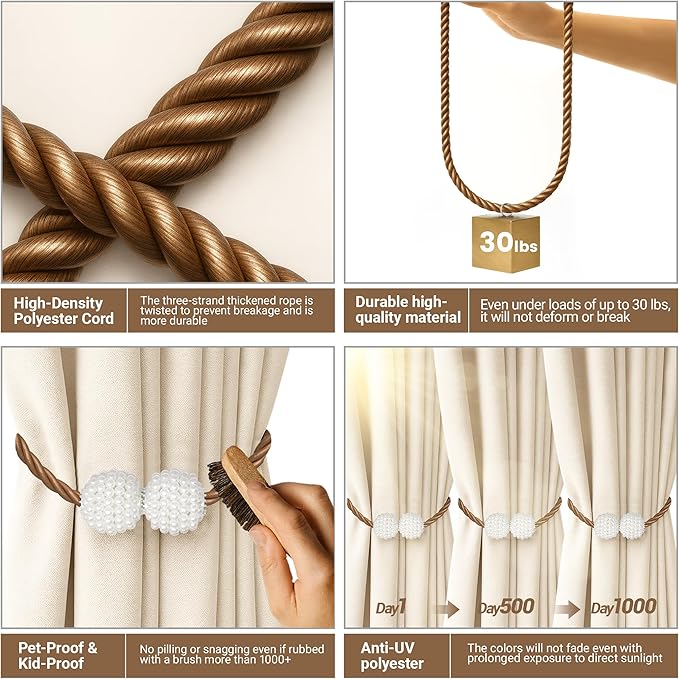 Hion Magnetic Curtain Tiebacks Dark Brown 2pcs, Curtain Tiebacks Buckles Holdbacks Holders Hooks Clip for Home Bedroom Office Decorative Curtain