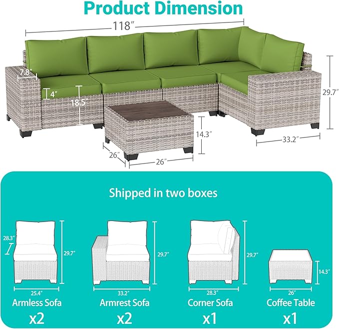 6-Piece Outdoor Patio Furniture Set Wicker Sectional Sofa Set, Patio Conversation Set with Thickened Cushions & Coffee Table for Garden, Backyard, Poolside, Avocado Green