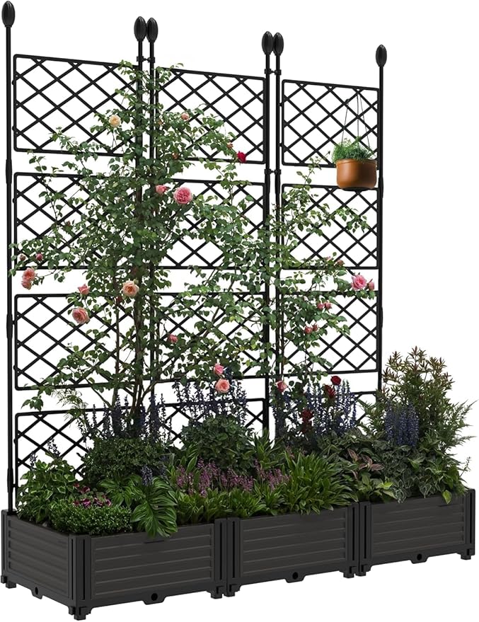 IDEALHOUSE Raised Garden Bed Kit with Trellis, Vertical Metal Planter Box for Small Space, Balcony Privacy Screen for Climbing Plants & Flowers, Patio Vertical Gardening Solution, Black