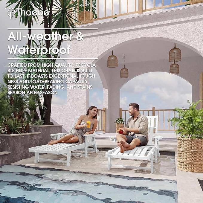 Patio Chaise Lounge Chair Set of 2, Oversized Lounge Chair Outdoor with 5 Positions, HDPE, Patio Lounge Chair with Wheels & Cup Holder for Pool, Deck, Poolside,White