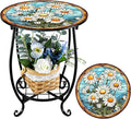 Outdoor Side Table Round Small Mosaic Patio Accent Indoor End Plant Coffee Tea Table for Yard Patio Porch Garden Living Room, Bedroom(Daisy Style,14 Inch)
