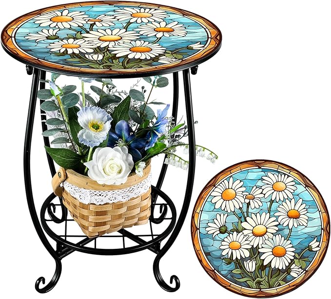 Outdoor Side Table Round Small Mosaic Patio Accent Indoor End Plant Coffee Tea Table for Yard Patio Porch Garden Living Room, Bedroom(Daisy Style,14 Inch)