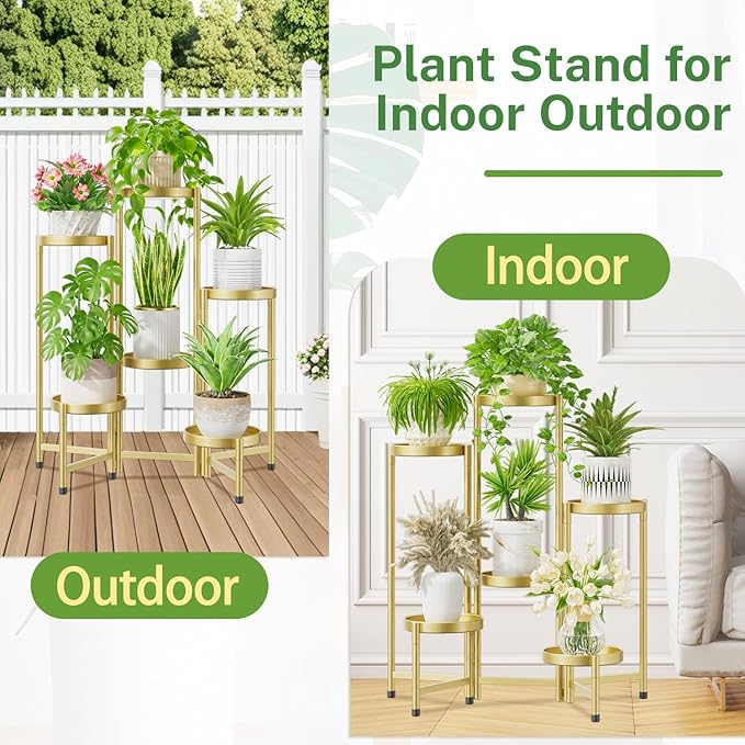 iDavosic.ly Plant Stand Indoor Outdoor, 6 Tier Corner Metal Flower Display Holder Shelf, Easy Assembly Folding Tall Orchid Rack for Patio Balcony Porch Garden Living Room House, Gold