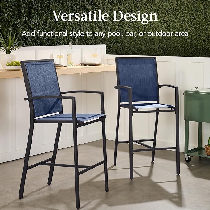 Best Choice Products Outdoor Bar Stools Set of 2, Bar Height, Patio Furniture, All Weather Mesh Design w/Armrest - Black/Navy