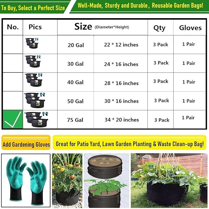 3-Pack 75 Gallon Thickened Plant Grow Bags Large (34x20 in) Heavy Duty Garden Bag Fabric Plant Pots for Tomato,Potato Planter,Herbs Veggies Planting,Flower Pots,Barrel Planter,Leaf Bag,Yard Waste Bags
