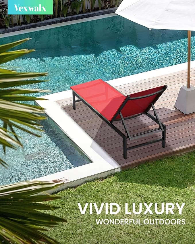 Outdoor Lounge Chairs Set of 2, Aluminum Patio Chaise Lounge Chairs with 5-Position Recliner, Pool Lounge Chairs for Backyard, Poolside, Deck, Lawn (Red)