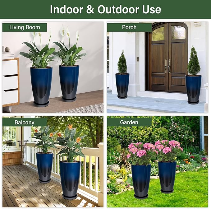 Set of 2 Lightweight Ceramic-Look Tall Planter, 21 inch Large Plastic Planter with Drain Hole & Saucers, Large Outdoor Planters for Porch, Garden, Patio, Balcony(Dark Blue)
