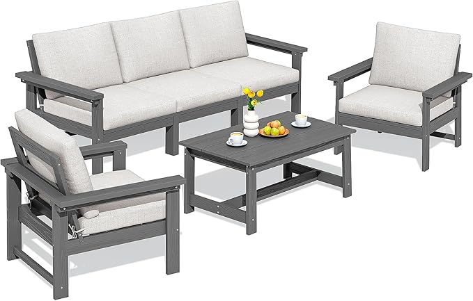 SERWALL HDPE Patio Conversation Set, 6-piece Sectional Outdoor Furniture Set, All Weather Outdoor Couch Set Patio Furniture Set for Deck, Lawn, Grey Frame with Khaki Cushion